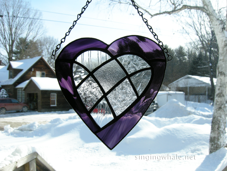 stained glass purple heart with inlaid clear patchwork heart