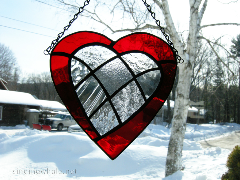 stained glass red heart with inlaid clear patchwork heart