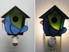Stained glass blue bird nightlight on a green birdhouse. Pattern and photo by Amy J. Putnam - singingwhale.net.