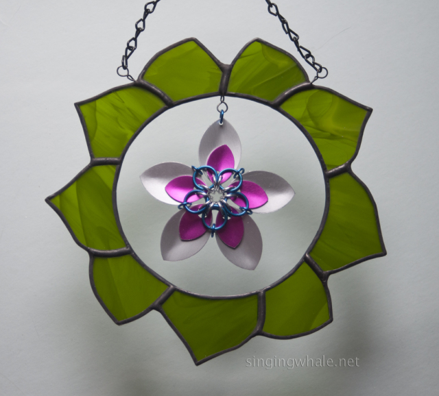 stained glass wreath with scale maille flower